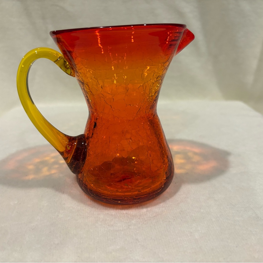 Vintage Red, Orange and Yellow Glass crackled, art glass Pitcher with